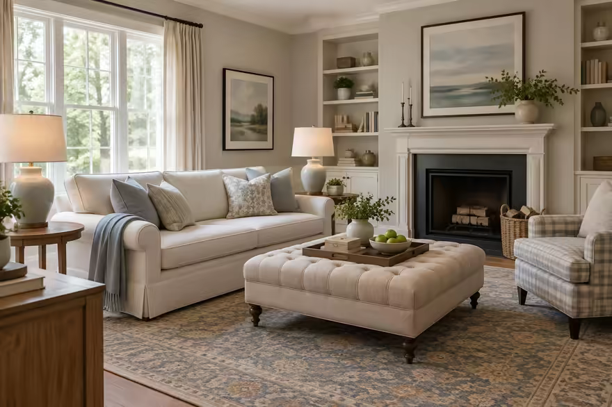AI-generated transitional living room interior design: classic bones with clean lines: one rolled-arm sofa in warm ivory linen