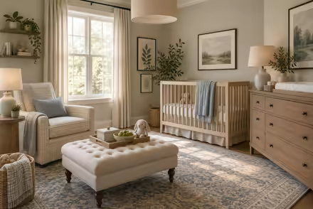 AI-generated transitional nursery interior design: classic bones with clean lines: one rolled-arm sofa in warm ivory linen