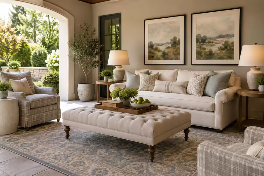 AI-generated transitional patio interior design: classic bones with clean lines: one rolled-arm sofa in warm ivory linen