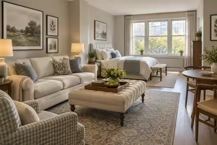 AI-generated transitional studio apartment interior design: classic bones with clean lines: one rolled-arm sofa in warm ivory linen