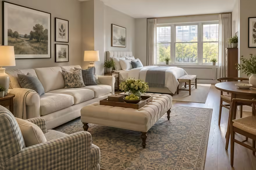 AI-generated transitional studio apartment interior design: classic bones with clean lines: one rolled-arm sofa in warm ivory linen