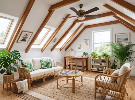 AI-generated tropical attic interior design: rattan and bamboo furniture