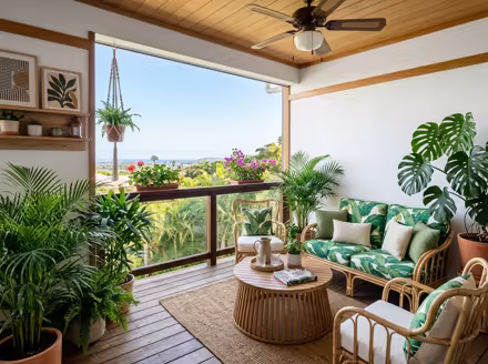 AI-generated tropical balcony interior design: rattan and bamboo furniture