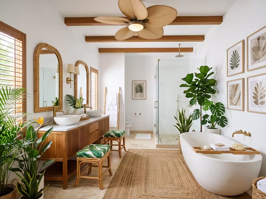 AI-generated tropical bathroom interior design: rattan and bamboo furniture