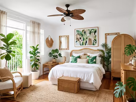 AI-generated tropical bedroom interior design: rattan and bamboo furniture