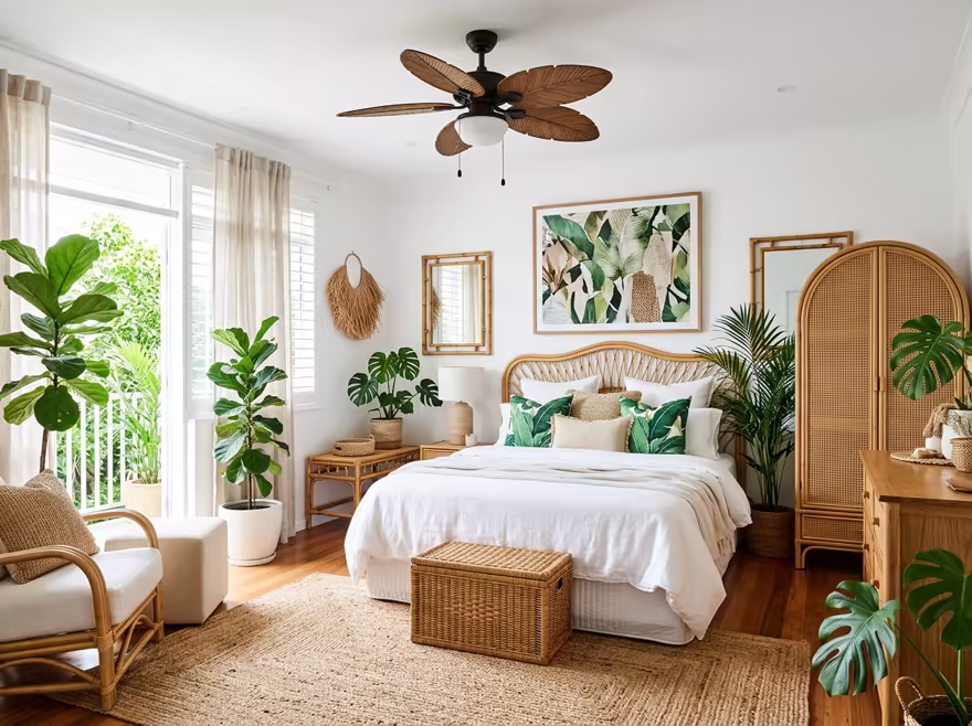 AI-generated tropical bedroom interior design: rattan and bamboo furniture