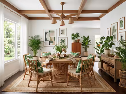 AI-generated tropical dining room interior design: rattan and bamboo furniture