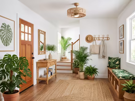 AI-generated tropical entryway interior design: rattan and bamboo furniture