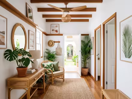 AI-generated tropical hallway interior design: rattan and bamboo furniture