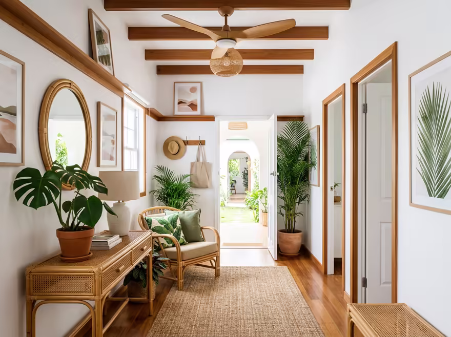 AI-generated tropical hallway interior design: rattan and bamboo furniture