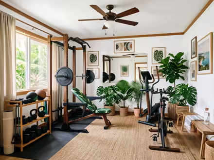 AI-generated tropical home gym interior design: rattan and bamboo furniture