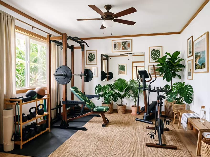 AI-generated tropical home gym interior design: rattan and bamboo furniture