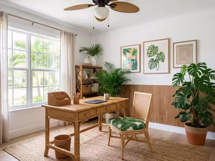 AI-generated tropical home office interior design: rattan and bamboo furniture