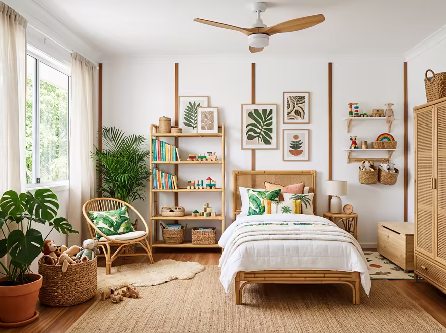 AI-generated tropical kids room interior design: rattan and bamboo furniture