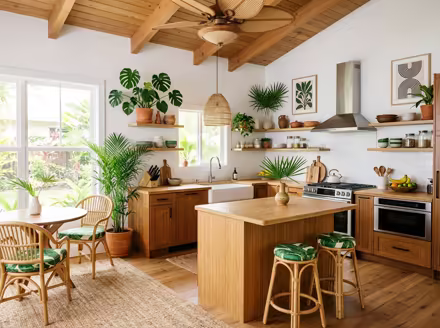 AI-generated tropical kitchen interior design: rattan and bamboo furniture