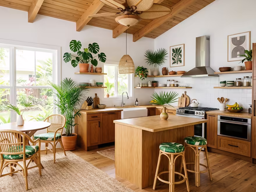 AI-generated tropical kitchen interior design: rattan and bamboo furniture