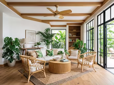 AI-generated tropical living room interior design: rattan and bamboo furniture