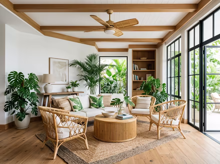 AI-generated tropical living room interior design: rattan and bamboo furniture