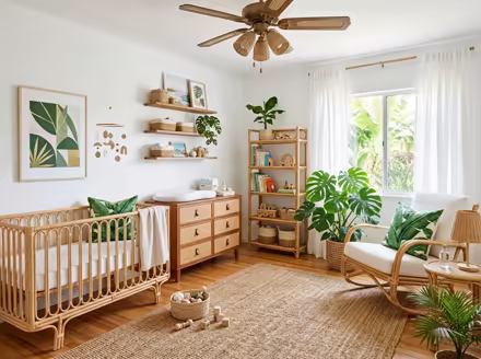 AI-generated tropical nursery interior design: rattan and bamboo furniture