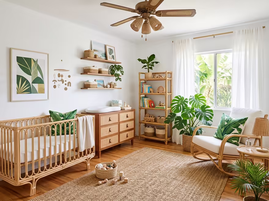 AI-generated tropical nursery interior design: rattan and bamboo furniture