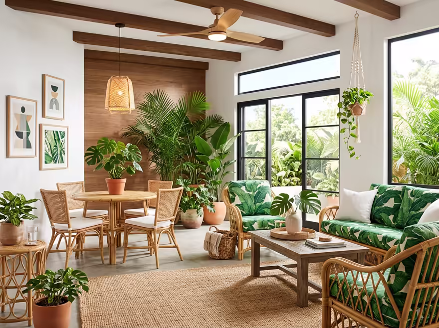 AI-generated tropical patio interior design: rattan and bamboo furniture