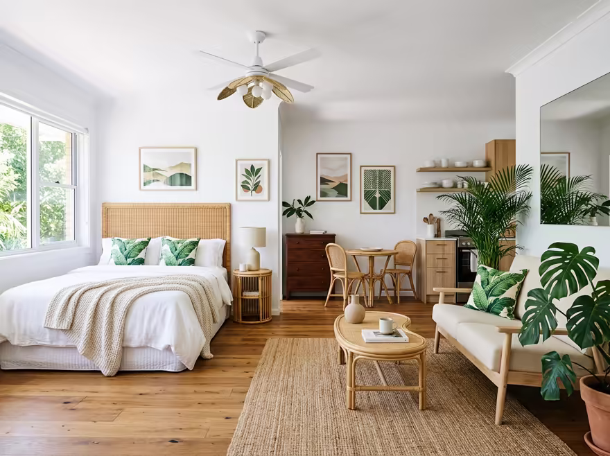AI-generated tropical studio apartment interior design: rattan and bamboo furniture