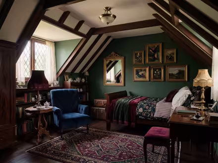 AI-generated victorian attic interior design: button-tufted seating