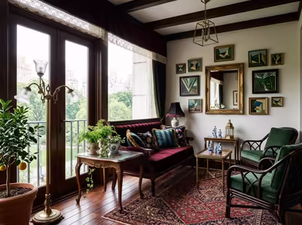 AI-generated victorian balcony interior design: button-tufted seating