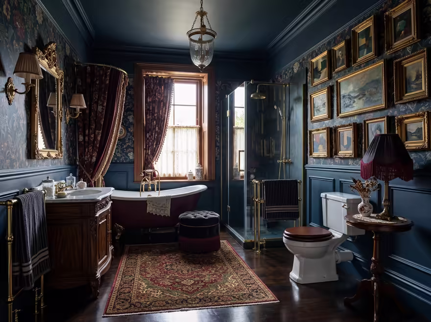AI-generated victorian bathroom interior design: button-tufted seating