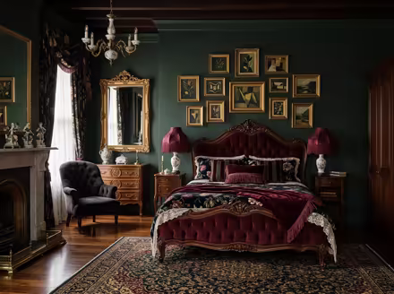 AI-generated victorian bedroom interior design: button-tufted seating