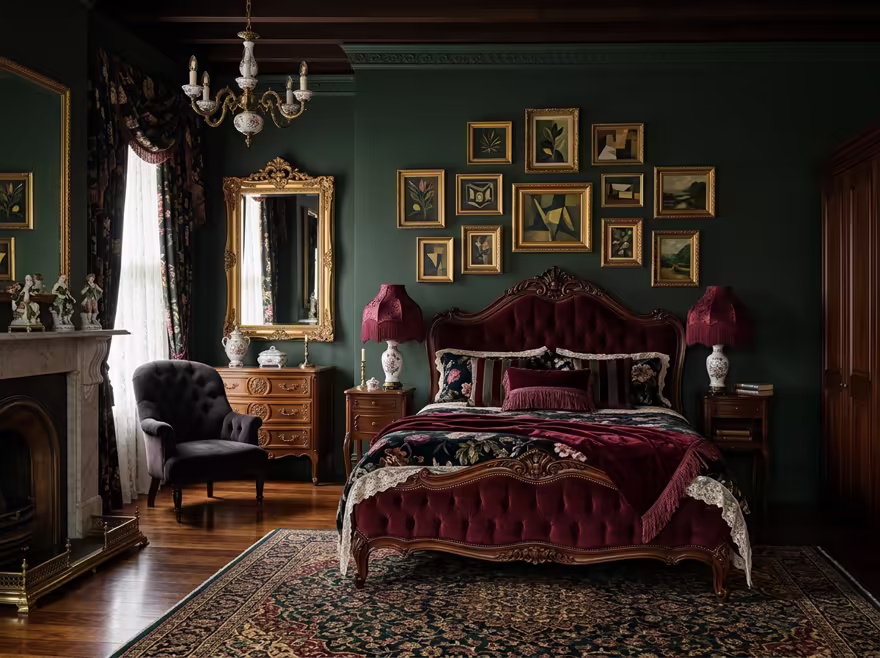 AI-generated victorian bedroom interior design: button-tufted seating