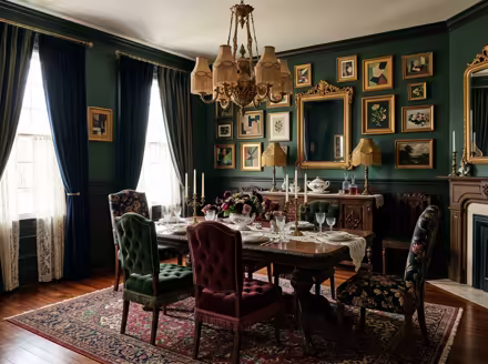 AI-generated victorian dining room interior design: button-tufted seating