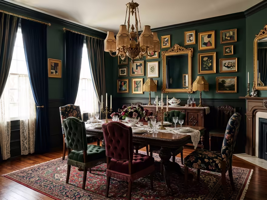 AI-generated victorian dining room interior design: button-tufted seating