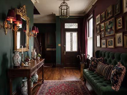 AI-generated victorian entryway interior design: button-tufted seating