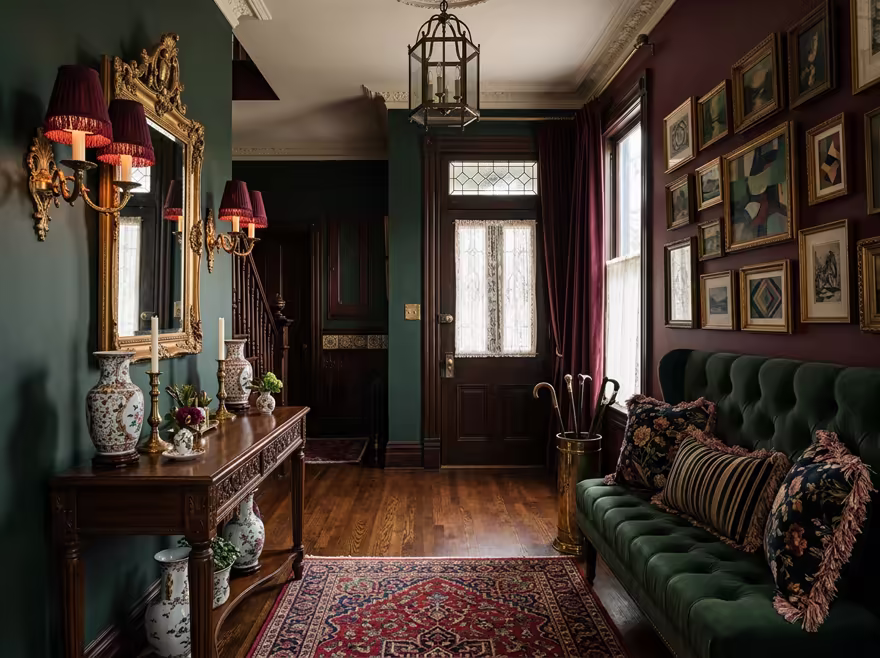 AI-generated victorian entryway interior design: button-tufted seating