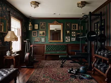 AI-generated victorian home gym interior design: button-tufted seating