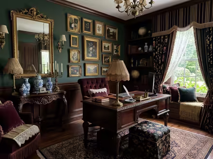 AI-generated victorian home office interior design: button-tufted seating