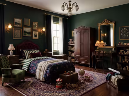 AI-generated victorian kids room interior design: button-tufted seating