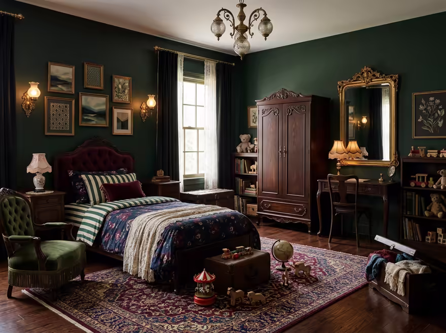 AI-generated victorian kids room interior design: button-tufted seating