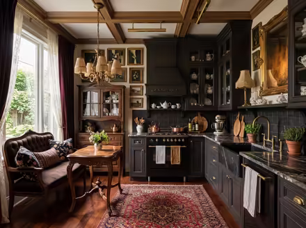 AI-generated victorian kitchen interior design: button-tufted seating