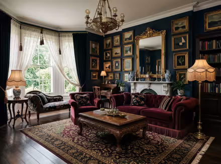 AI-generated victorian living room interior design: button-tufted seating
