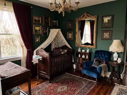 AI-generated victorian nursery interior design: button-tufted seating