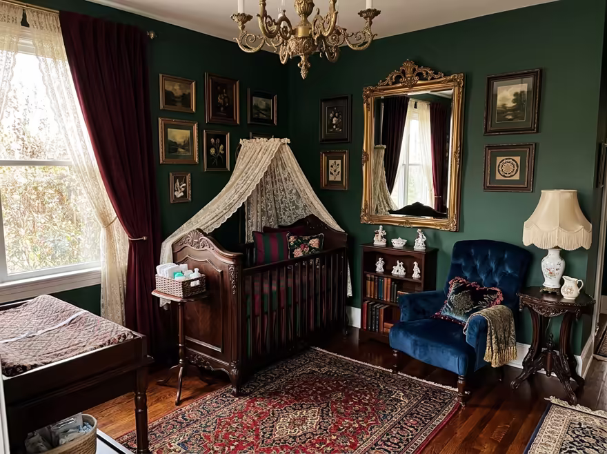 AI-generated victorian nursery interior design: button-tufted seating