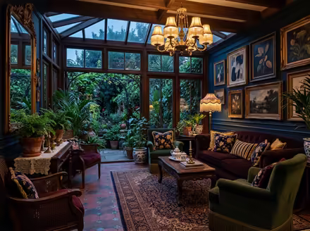 AI-generated victorian patio interior design: button-tufted seating