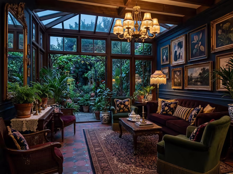 AI-generated victorian patio interior design: button-tufted seating