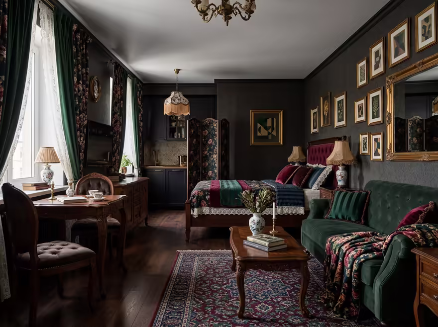 AI-generated victorian studio apartment interior design: button-tufted seating