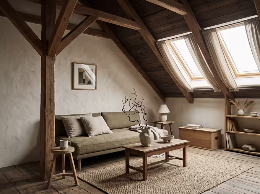 AI-generated wabi-sabi attic interior design: raw imperfect textures