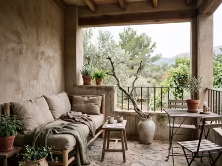AI-generated wabi-sabi balcony interior design: raw imperfect textures