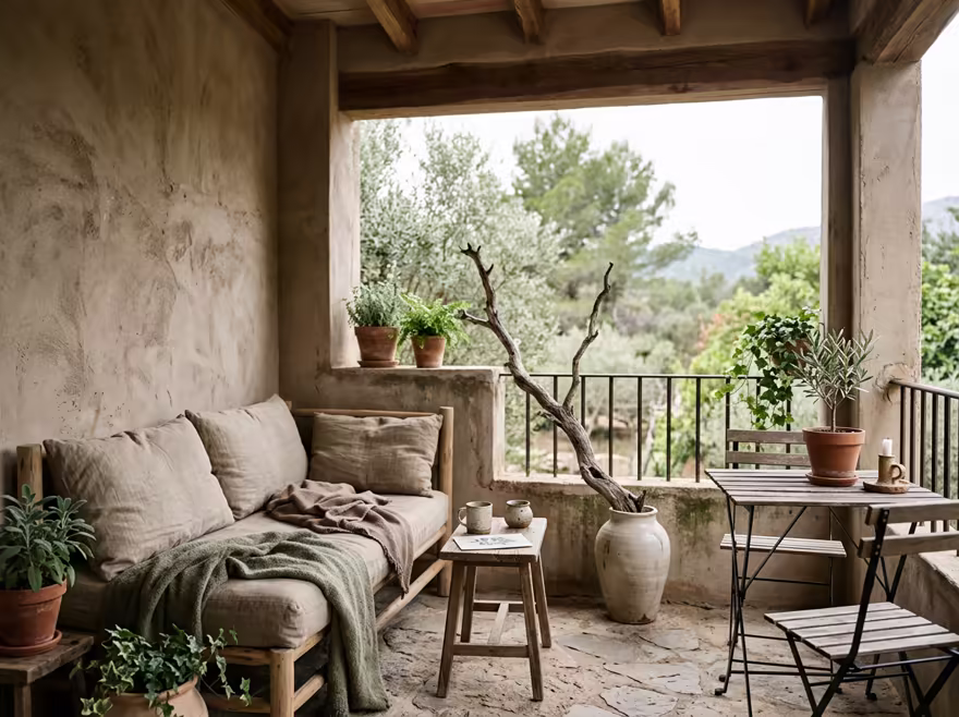 AI-generated wabi-sabi balcony interior design: raw imperfect textures