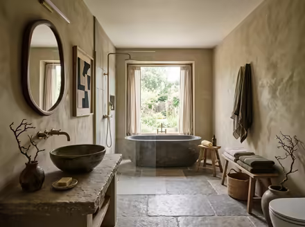 AI-generated wabi-sabi bathroom interior design: raw imperfect textures